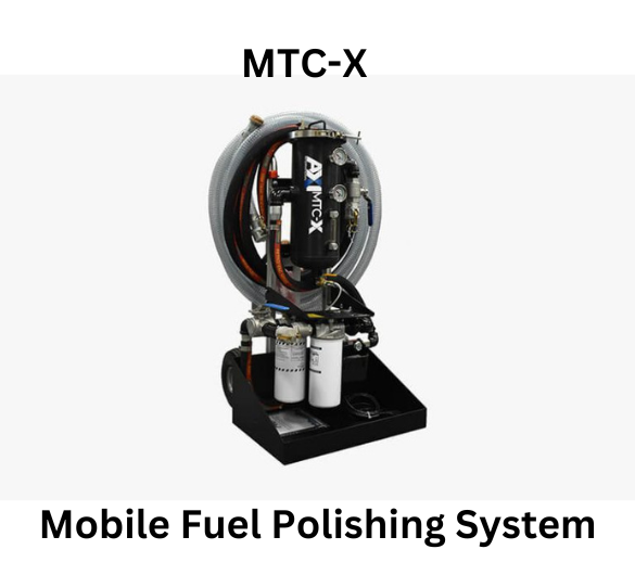 Fuel Polishing System MTC-Y with filters and hoses on a black base in an industrial setting